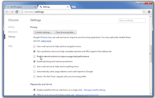 Chrome web settings